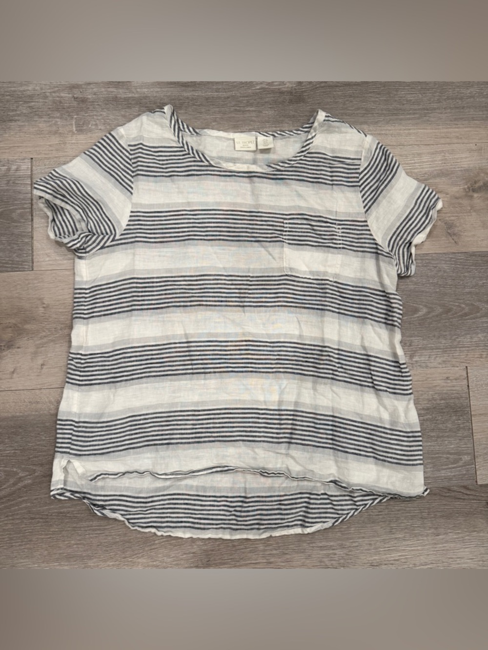 St. Tropez West Linen Tunic Top in White with Navy Stripes small boho indie